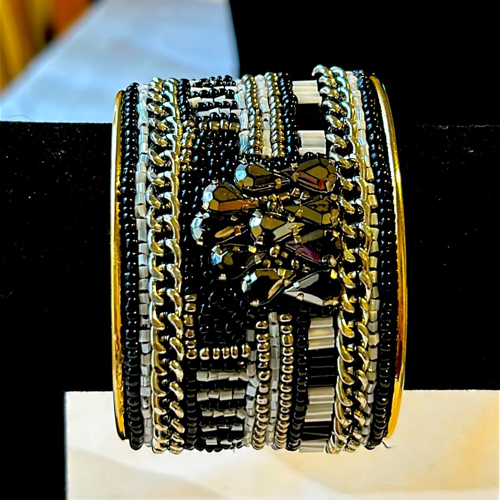 Gold Tone Cuff Bracelet with Black and White Beading.